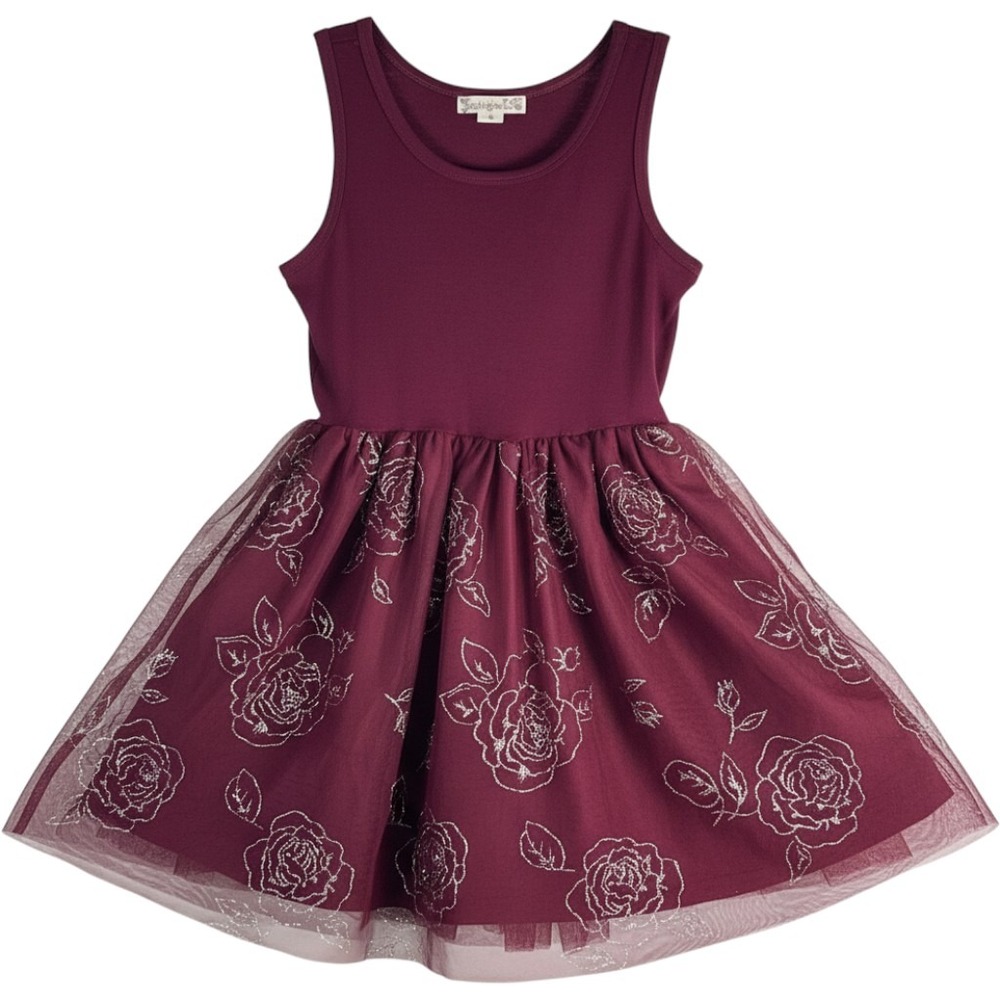 Knit Works Tulle Skirt Dress Girls 8 Wine Glitter Floral Rose {Cottagecore}
